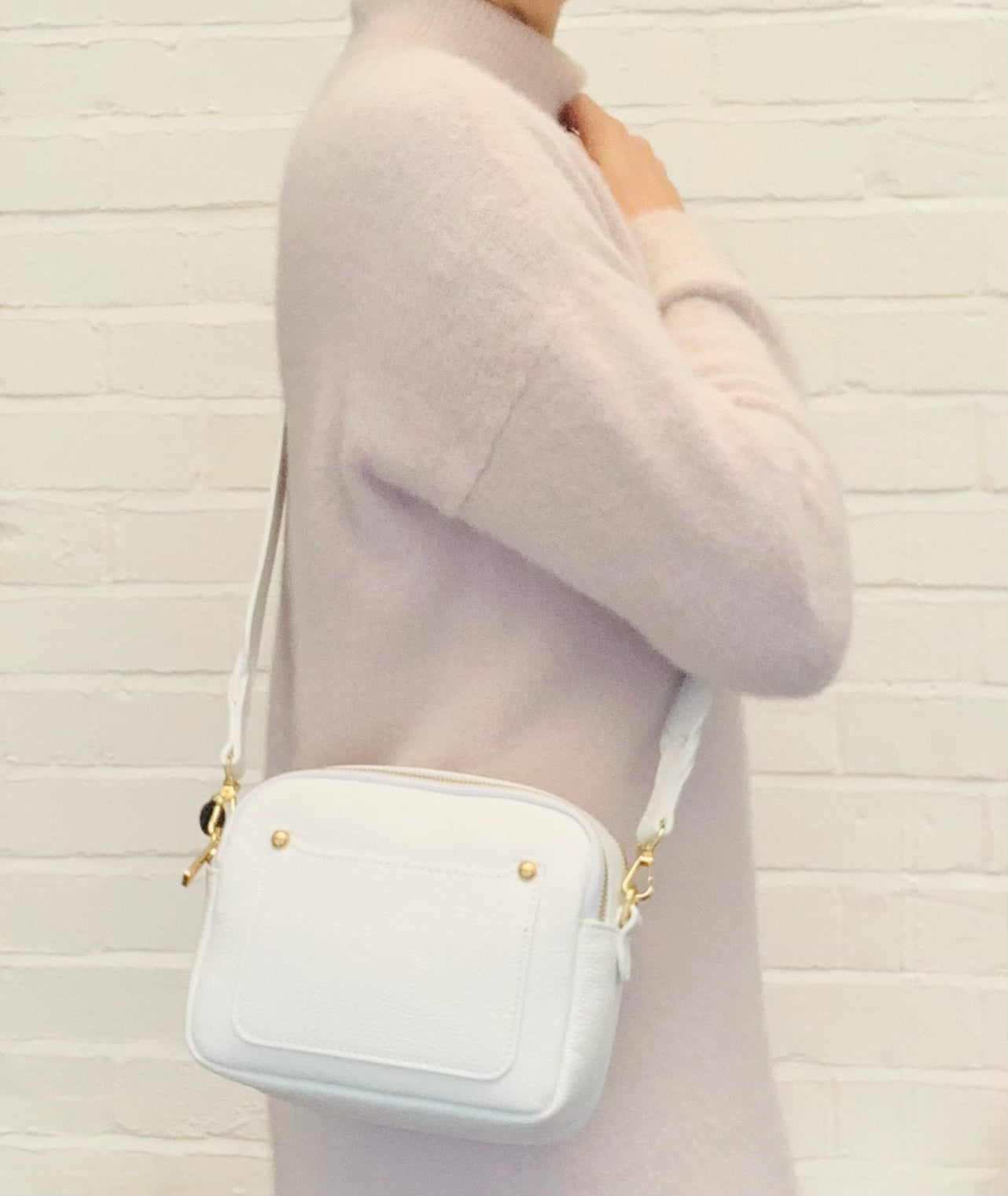 White Leather Double Zip Bag - Victoria