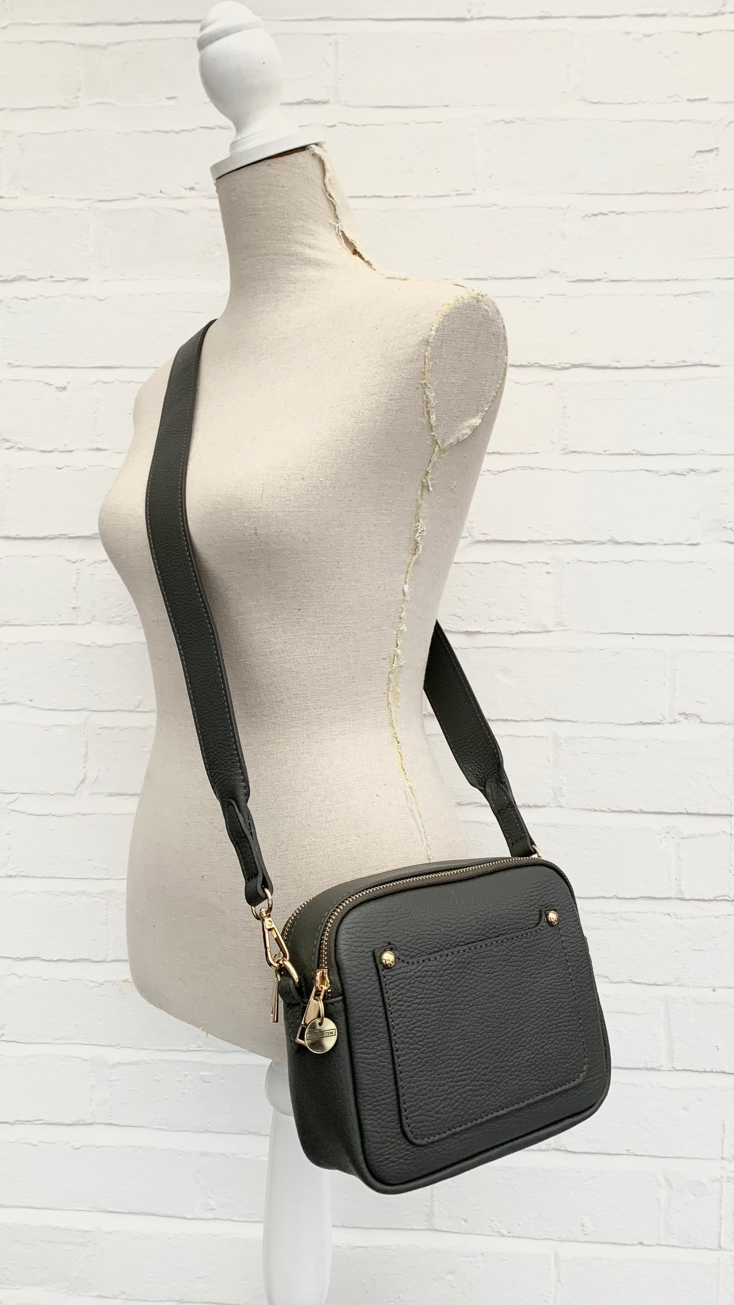 Dark Grey Leather Double Zip Bag - Victoria