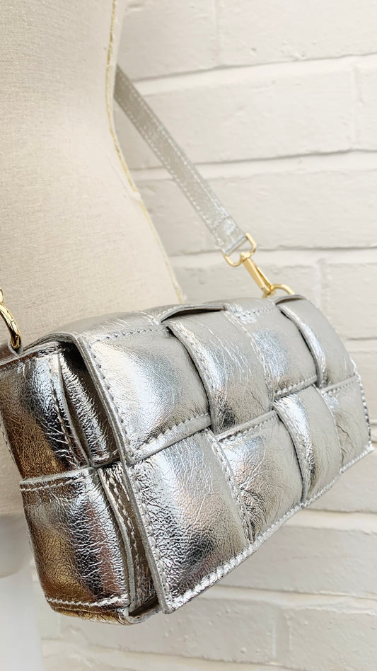 Silver Leather Weaved Bag - London