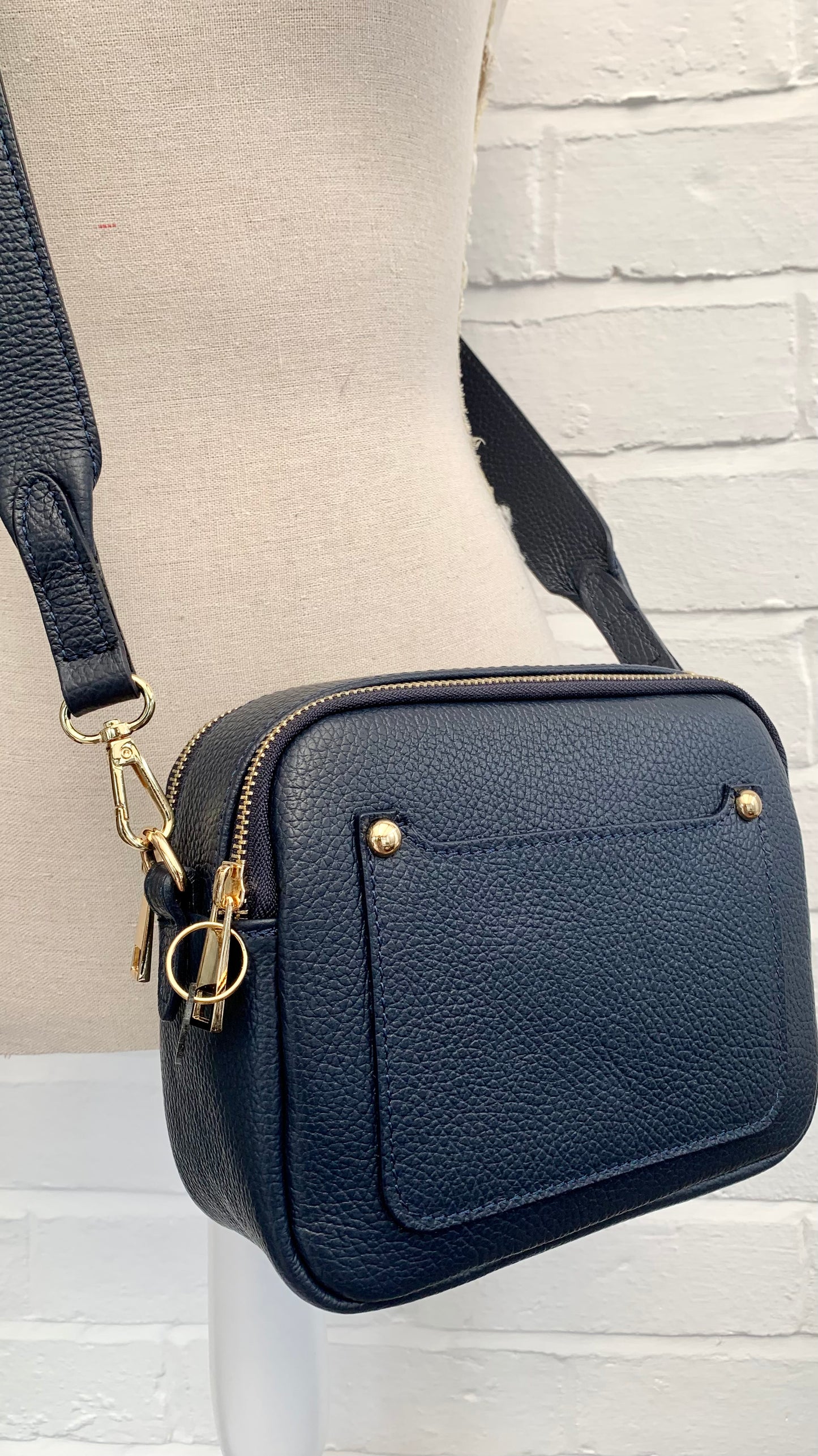 Navy Leather Double Zip Bag - Victoria