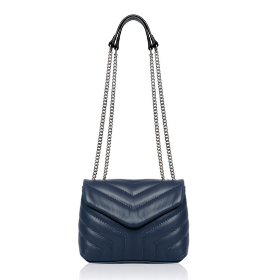 Navy Quilted Leather Bag With Chain Handle - Monaco