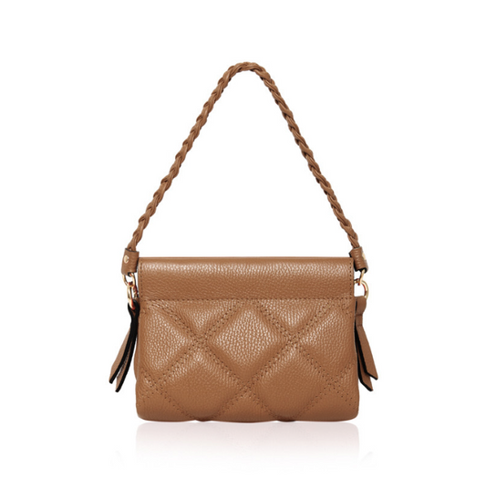 Tan Quilted Leather Bag With Plaited Handle -  Panama