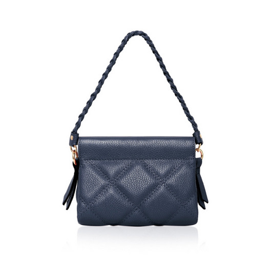 Navy Quilted Leather Bag With Plaited Handle -  Panama