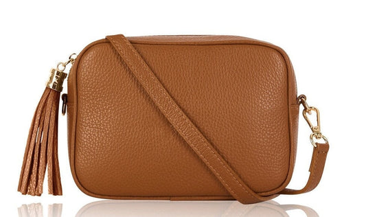 Dark Tan Leather Crossbody Bag With Tassel - Darcy