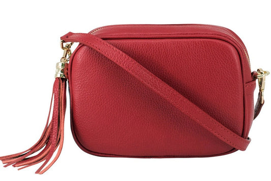 Red Leather Crossbody Bag With Tassel & Strap - Darcy
