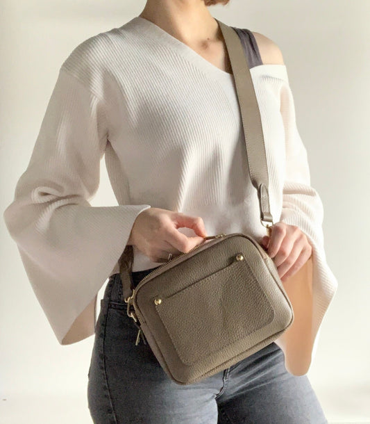 Taupe Leather Double Zip Bag - Victoria