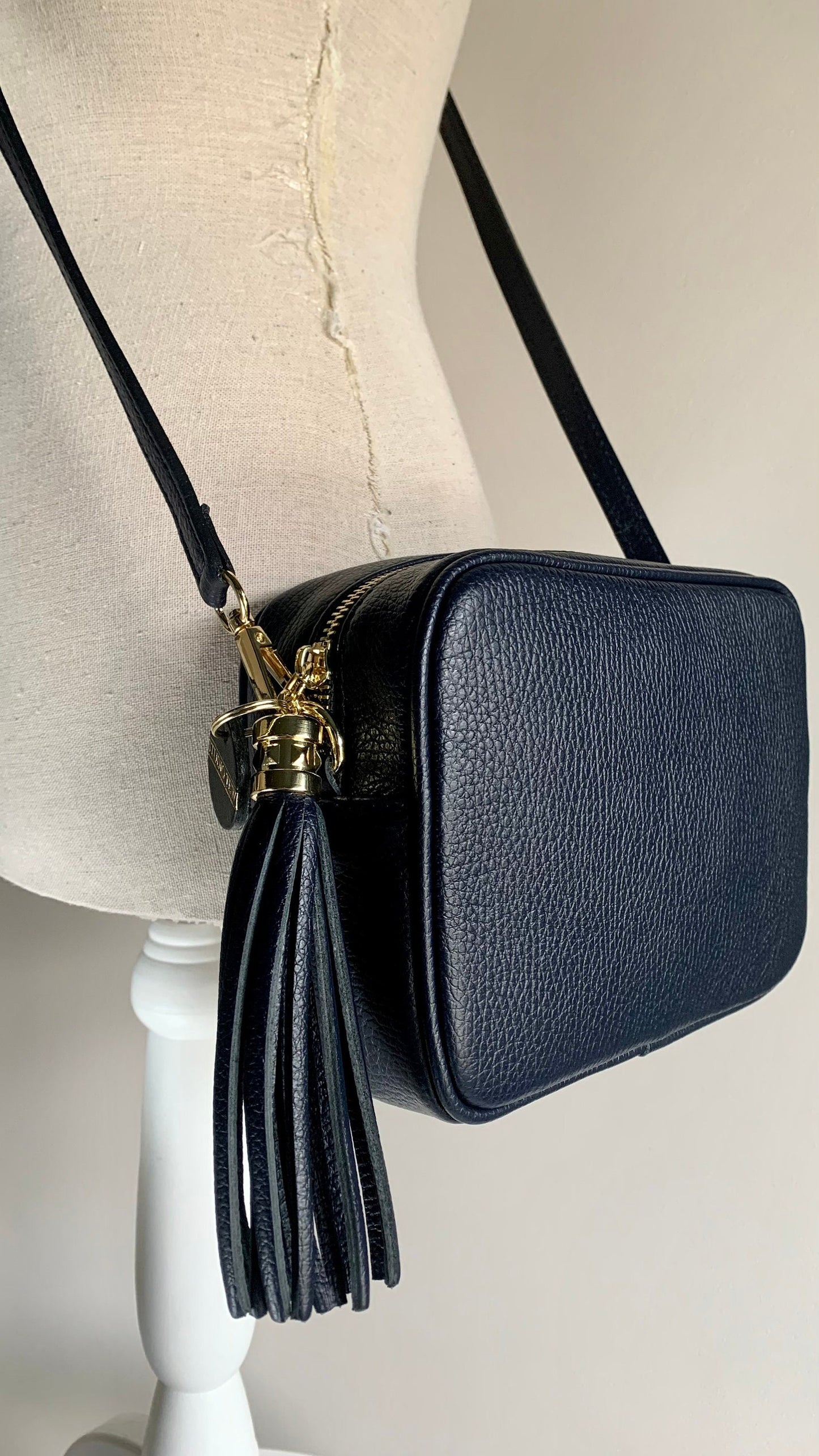 Navy Leather Crossbody Bag With Tassel - Darcy