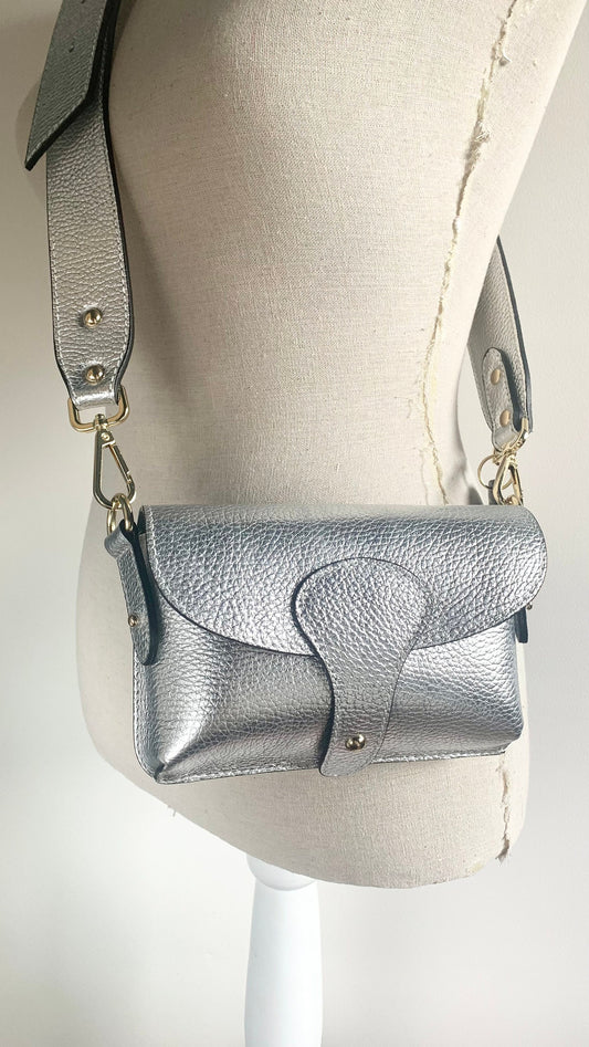Silver Leather Compact Crossbody Bag - Vogue