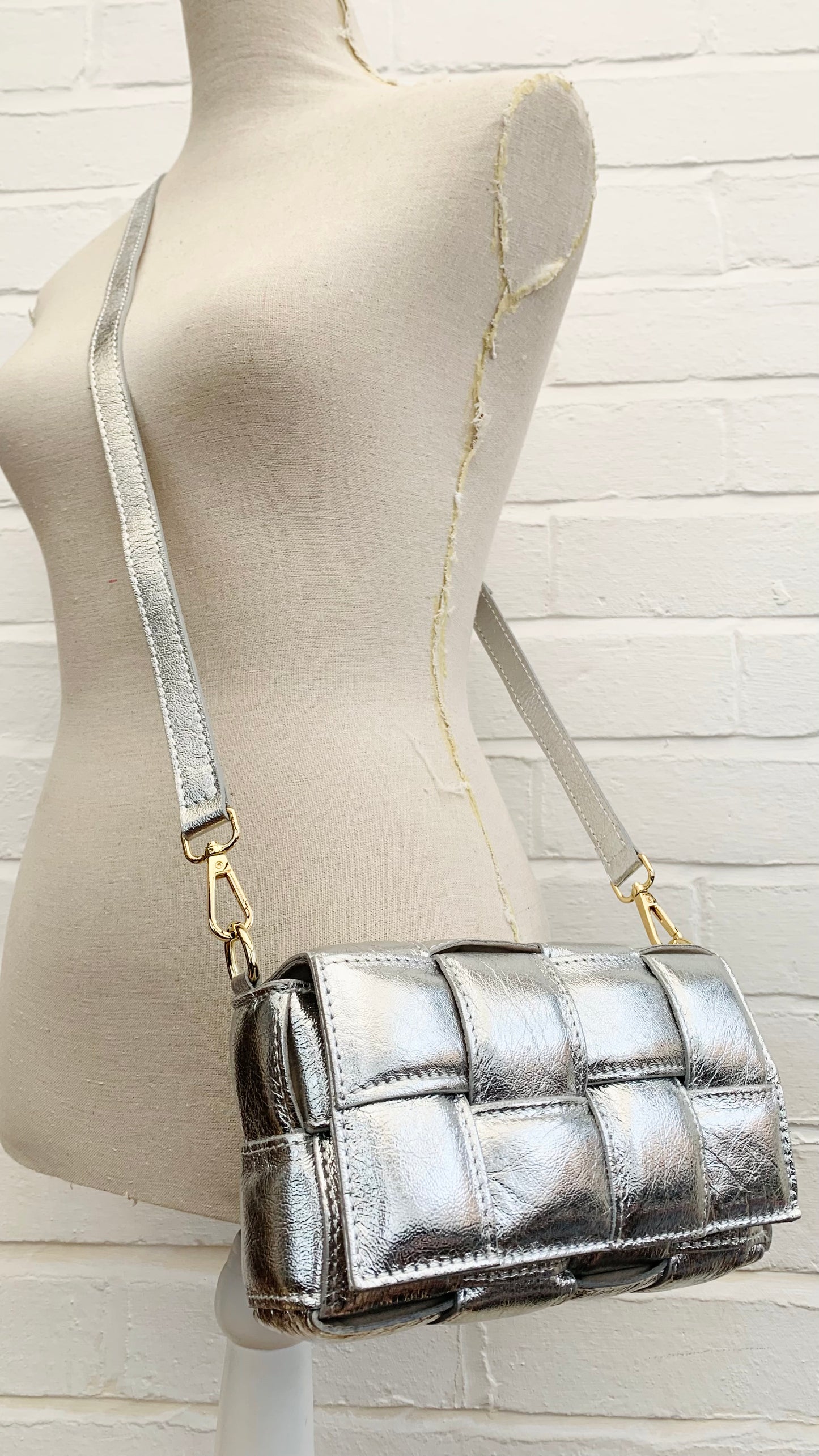 Silver Leather Weaved Bag - London