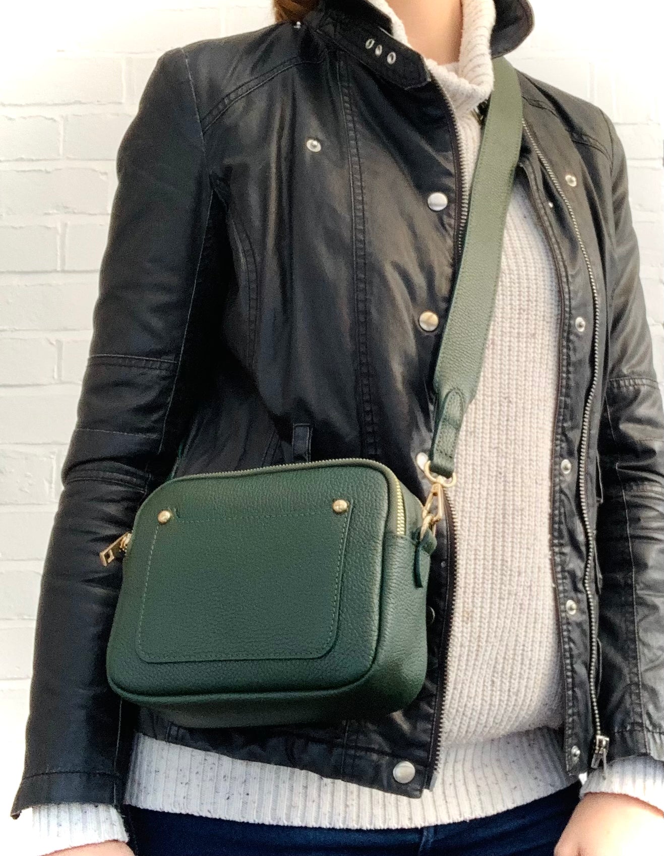 Dark Green Leather Double Zip Bag - Victoria