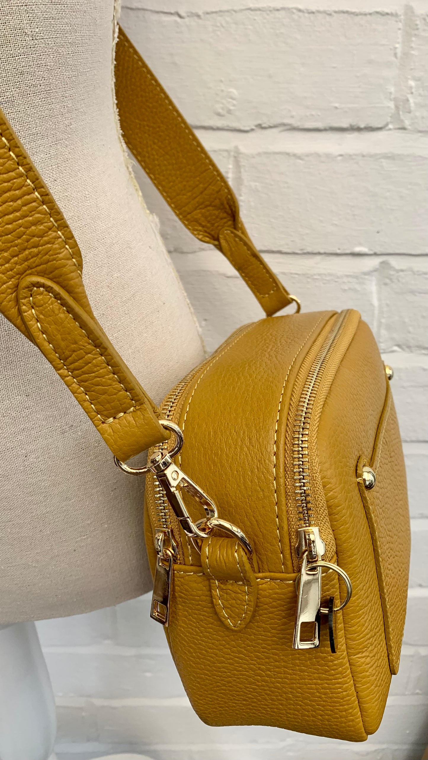 Mustard Leather Double Zip Bag - Victoria