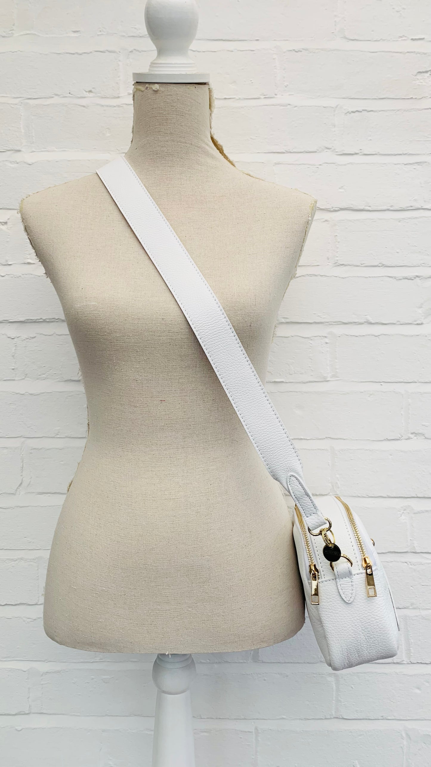 White Leather Double Zip Bag - Victoria