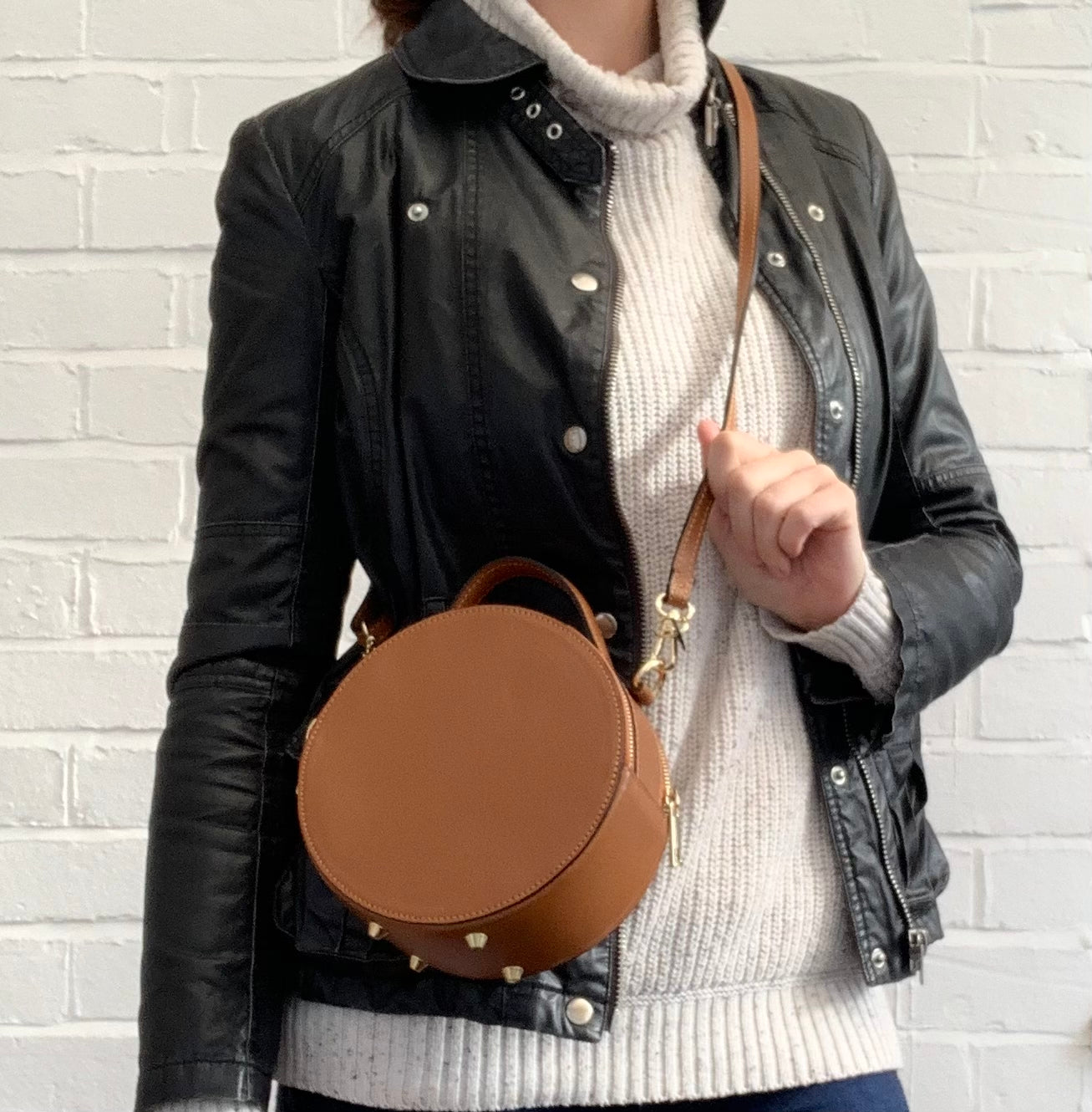Tan Round Leather Grab Bag - Grace