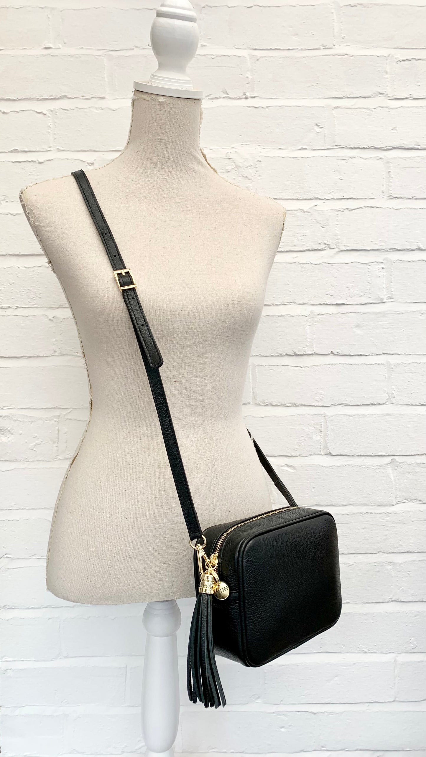 Black Leather Crossbody Bag With Tassel & Strap - Darcy