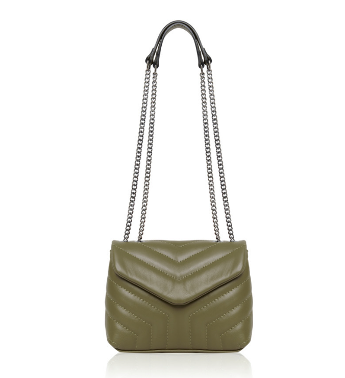 Olive Green Quilted Leather Bag With Chain Handle - Monaco