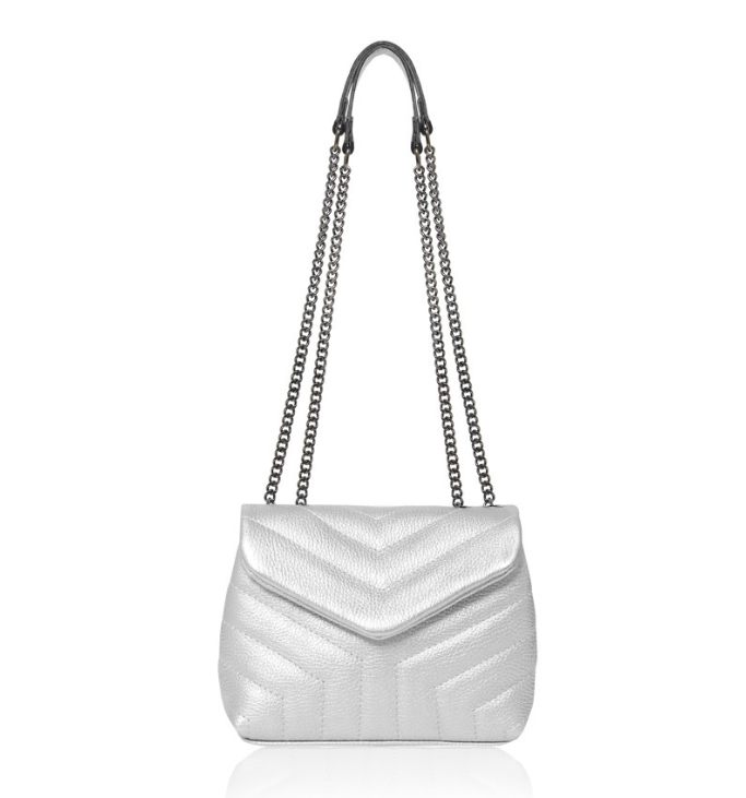 Silver Quilted Leather Bag With Chain Handle - Monaco
