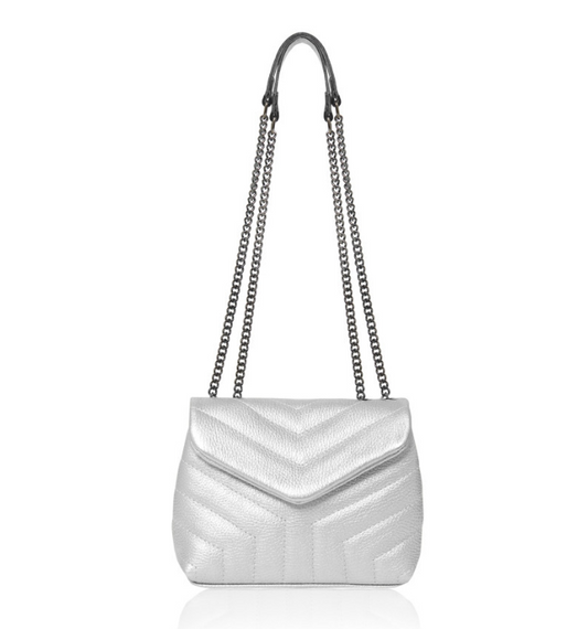 Silver Quilted Leather Bag With Chain Handle - Monaco