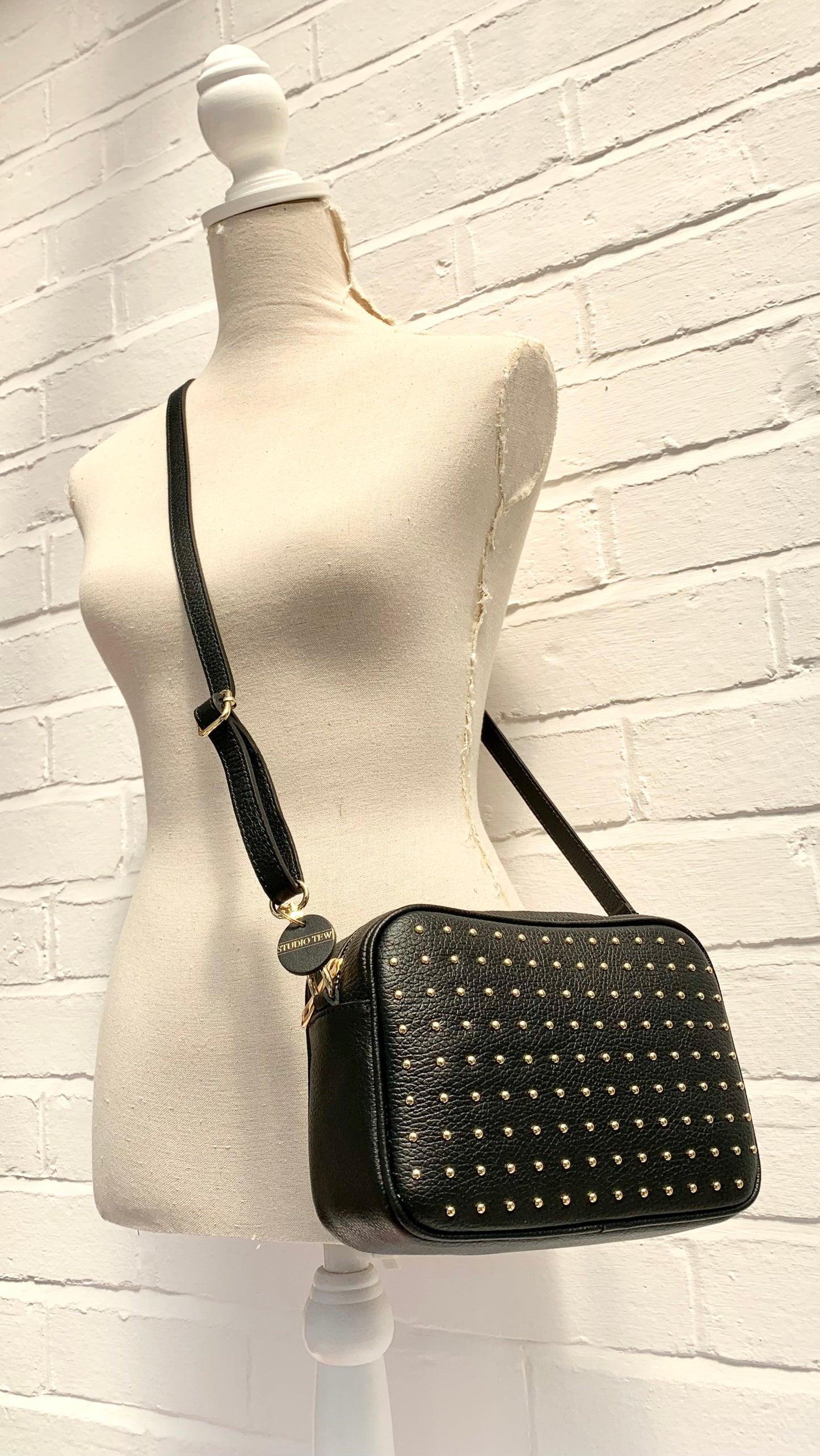 Black Leather Studded Crossbody Bag With Strap