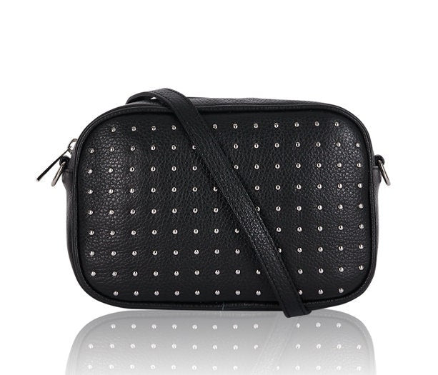 Black Leather Studded Crossbody Bag With Strap