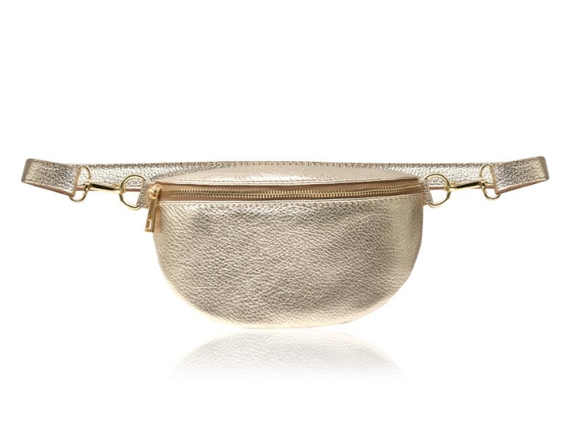 Silver & Gold Leather Body Bag, Gold Fanny Pack Bum Bag, Close to Body Bag, Small Gold Leather Bag, Festival Bag, Women&#39;s Leather Bum Bag