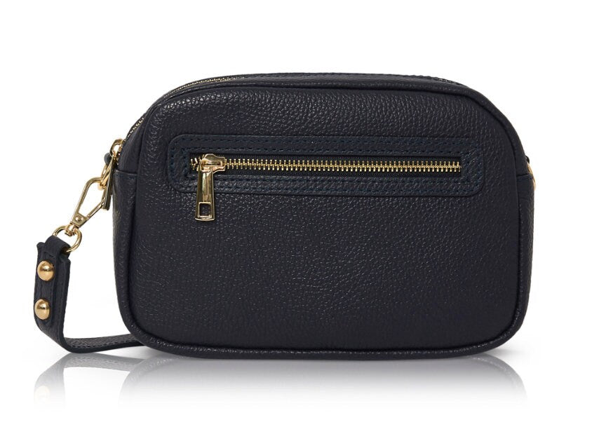 Navy Leather Crossbody Handbag, Double Zipped Compartment Bag, Bag With Pockets, Ladies Leather Handbag, Mum Gift, Stylish Bag, Roomy Bag