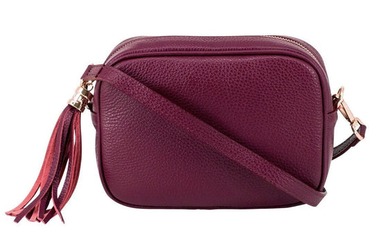Red Plum Leather Crossbody Bag With Tassel & Strap, Tassel Bag, Bridesmaid Bag, Leather Handbag, 3rd Anniversary Gift