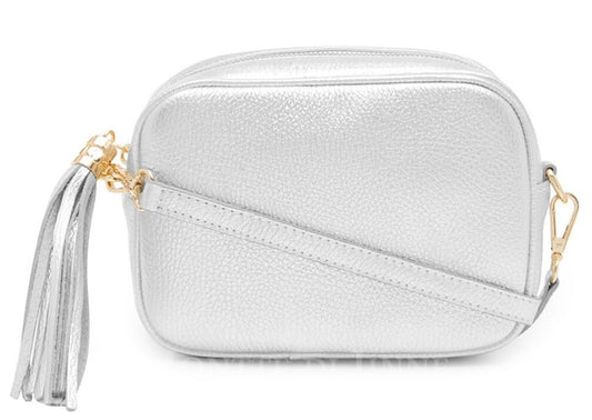 Silver Leather Crossbody Bag With Tassel & Strap, Tassel Bag, Bridesmaid Bag, Leather Handbag, 3rd Anniversary Gift