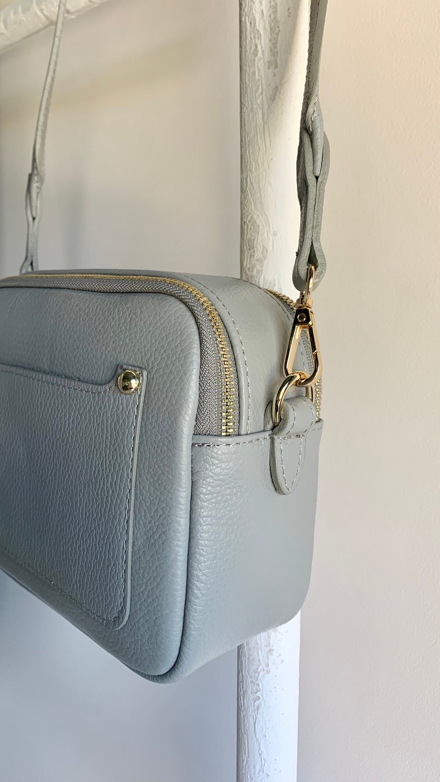 Light Grey Leather Double Zip Bag - Victoria