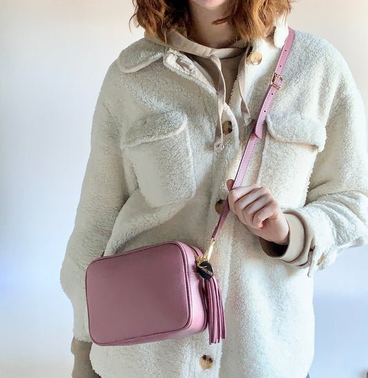 Dusty Pink Leather Crossbody Bag With Tassel