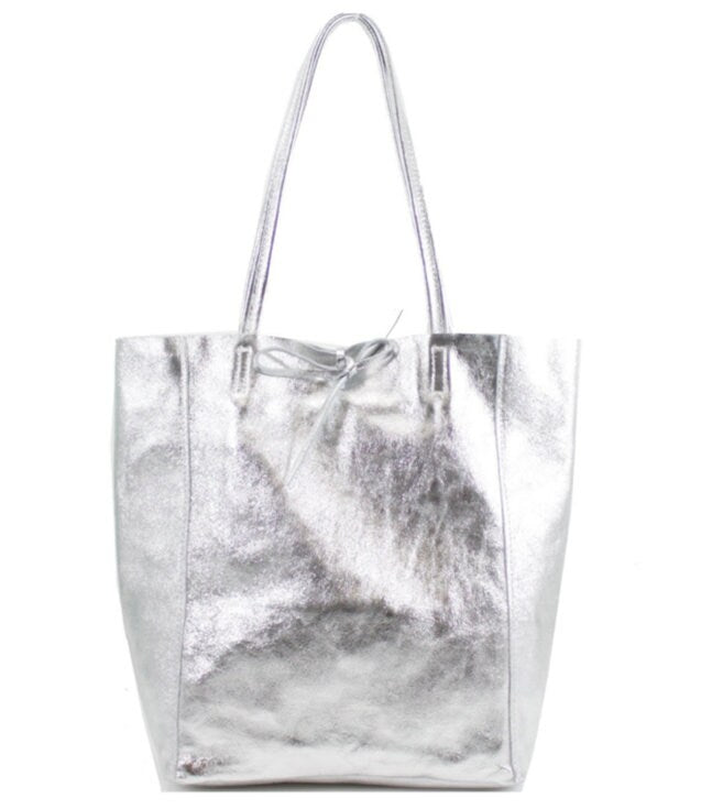 Metallic Leather Shopper Bag, Gold Shoulder Bag, Silver Hobo Bag, Rose Gold Bag, Silver Shopping Bag, Shiny Large Tote Bag