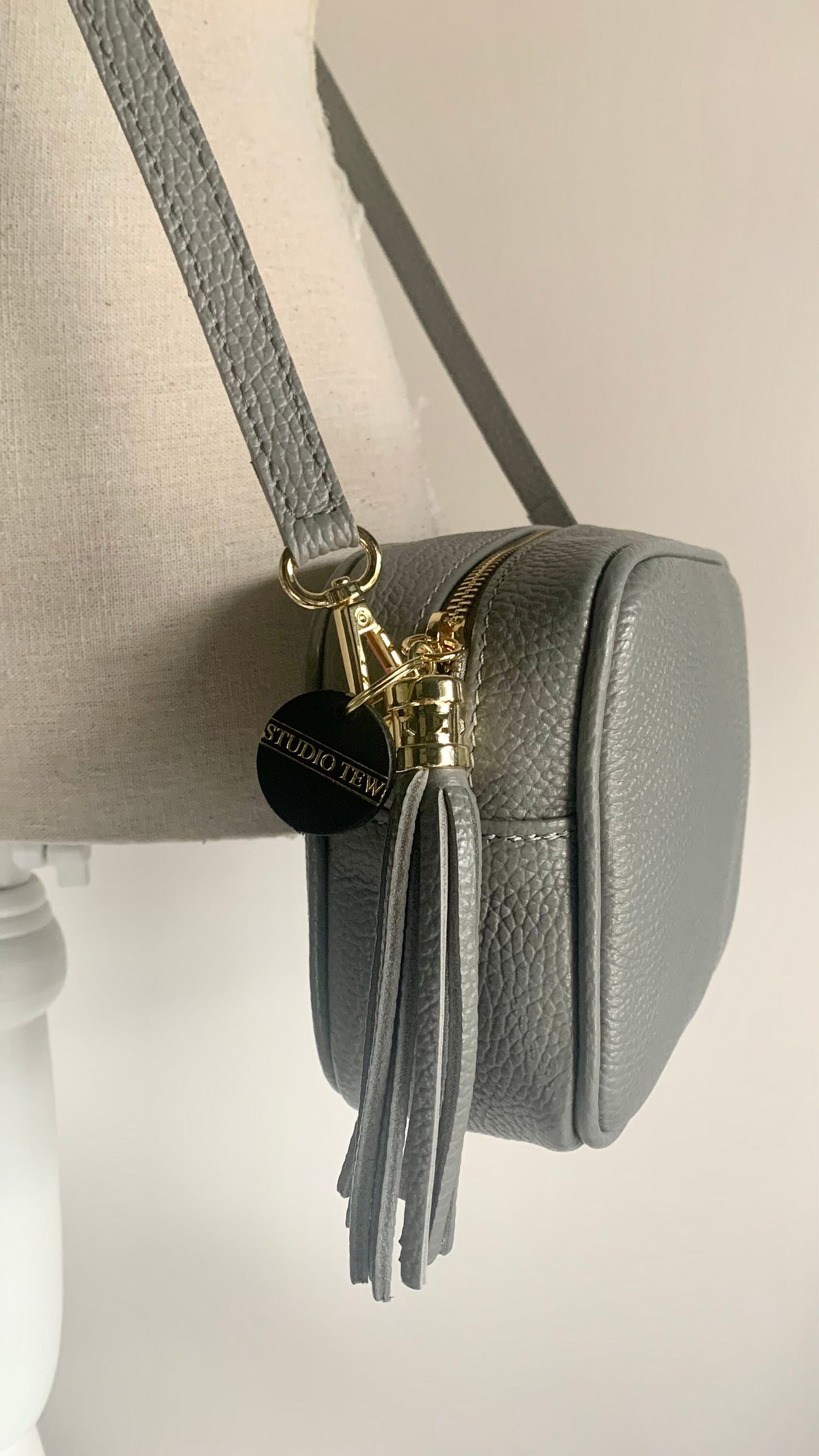 Light Grey Leather Crossbody Bag With Tassel - Darcy