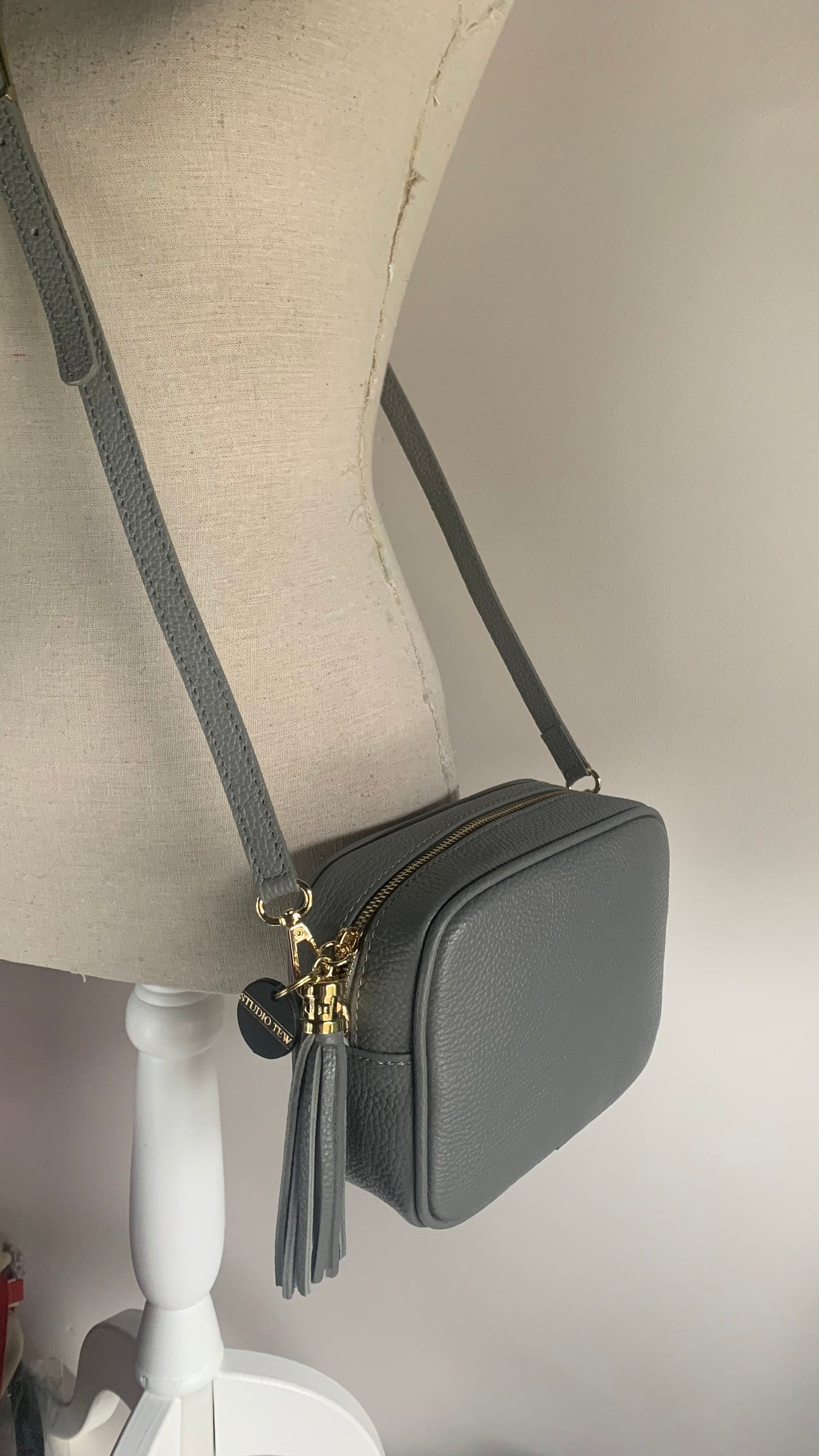 Light Grey Leather Crossbody Bag With Tassel - Darcy