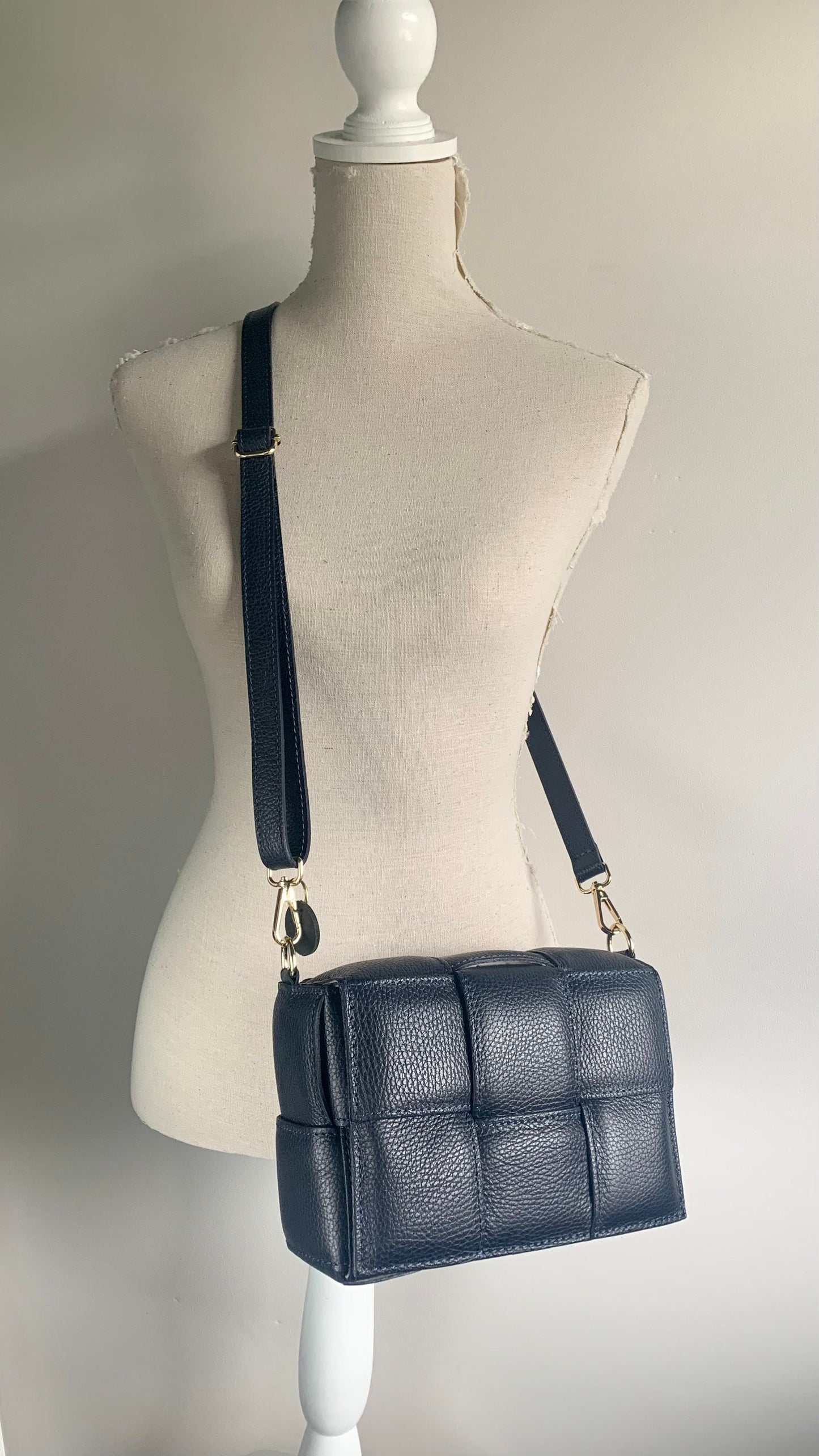 Navy Leather Weaved Bag - Polly