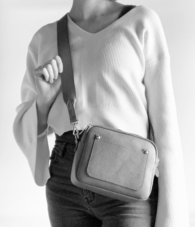 Light Grey Leather Double Zip Bag - Victoria