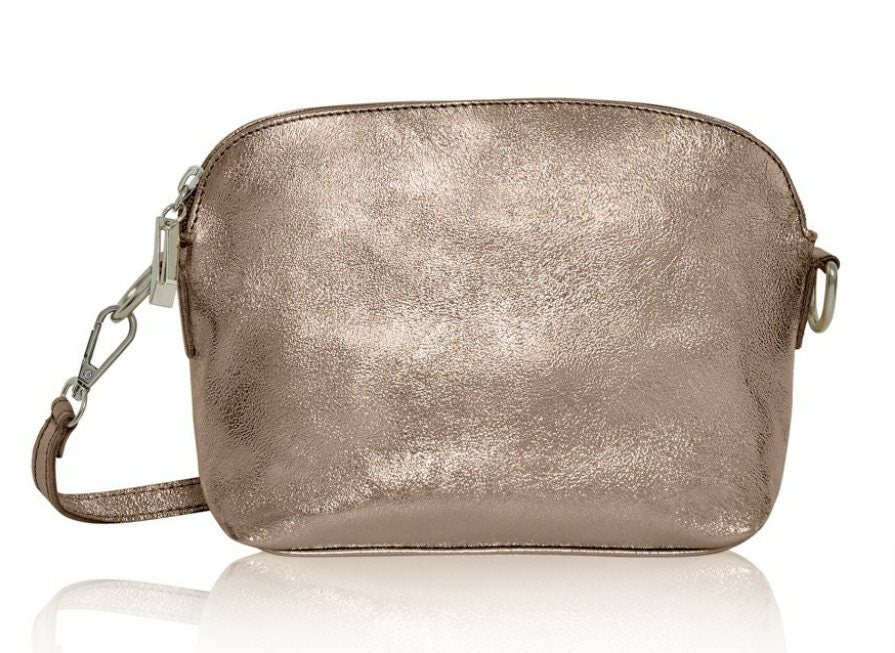 Metallic Leather Crossbody Bag With Strap & Silver Hardware, Gold Simple Bag, Silver Bridesmaid Bag, Leather Handbag, 3rd Anniversary Gift