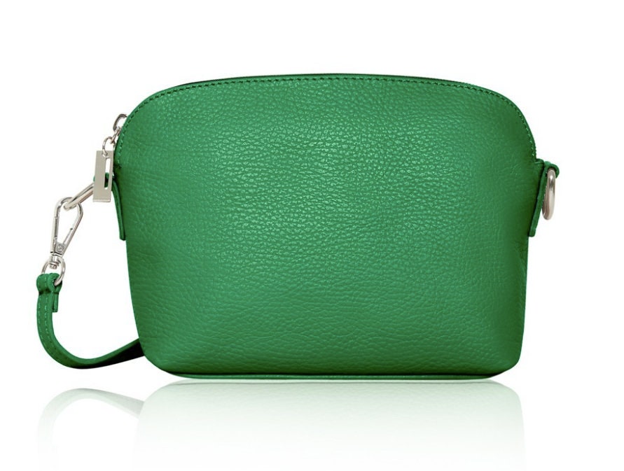Green Leather Crossbody Bag With Strap & Silver Hardware