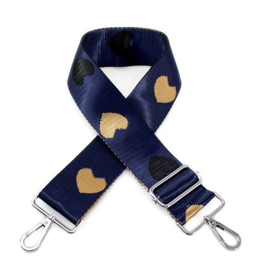 Marineblauer und goldener Taschenriemen aus Segeltuch mit Herzmuster